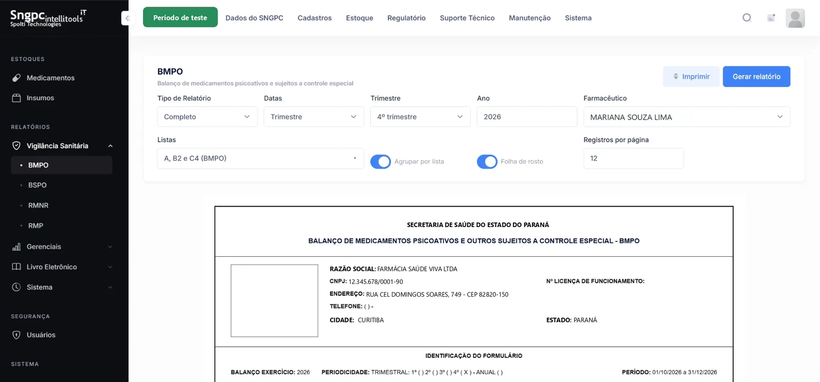 Relatório BMPO no Sistema SNGPC Intellitools