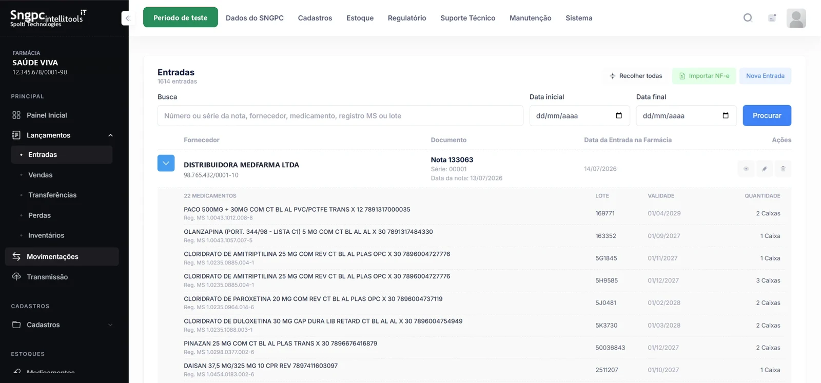 Lista de entradas com botões Importar NF-e e Nova Entrada