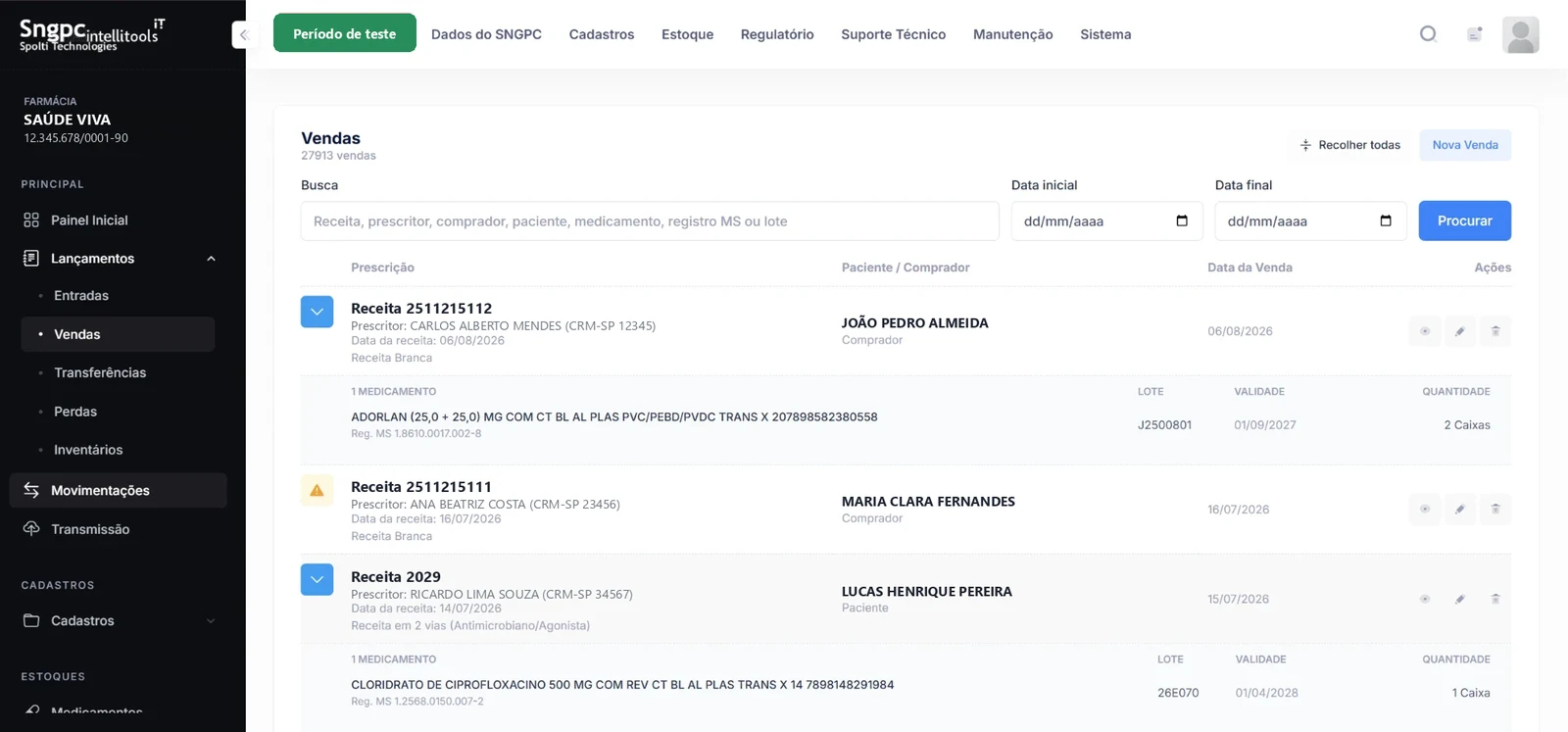 Tela de vendas com receitas no Sistema SNGPC Intellitools